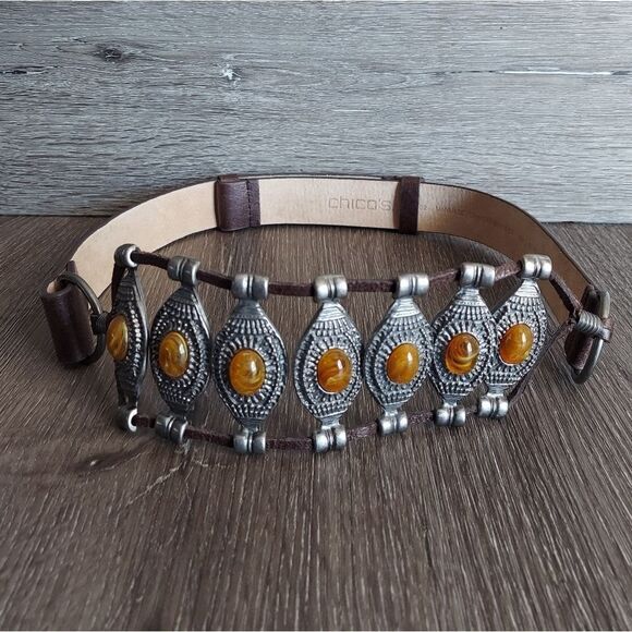 Chico's Vintage Brown Boho Cabochon Studded Belt Size Small/Medium Adjustable - Picture 1 of 6
